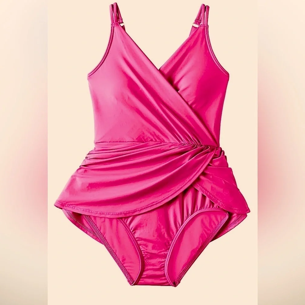NWT Lands' End Chlorine Resistant Tulip Wrap Swim Dress One Piece Swimsuit - Picture 2 of 5